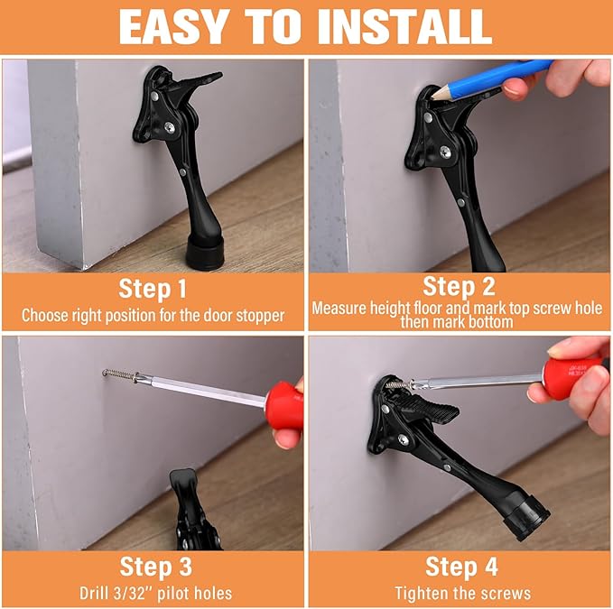 Chumia 12 Pieces Heavy Duty Door Stoppers 5.35 Inches Kickdown Adjustable Kick Down Door Stop for Bottom Easy Pedal with Rubber Tips Commercial (Black)