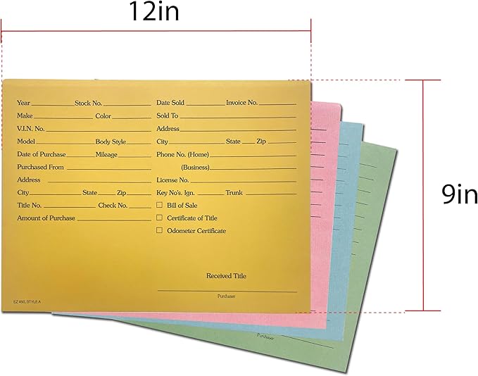 EZ Line Printed Vehicle Deal Record Envelopes 9x12 Jackets 100 Pack (Manilla Simple)