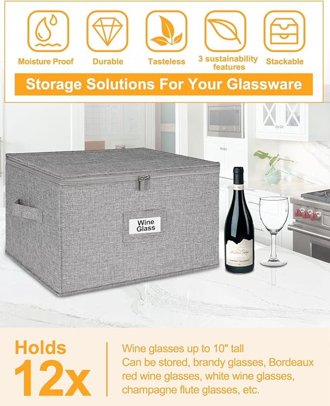 punemi Wine Glass Storage Box, Glassware Storage Containers w/Hard Shell Side Bottom Support & Padded Dividers, Stackable Stemware Storage Case for 24 China Crystal Glasses Drinkware, Moving Supplies