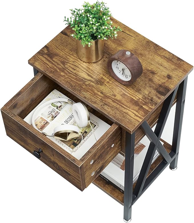 VECELO End Tables, Modern Nightstand with Drawer & Shelf, Night Stand for Bedroom Living Room,Industrial Metal Frame