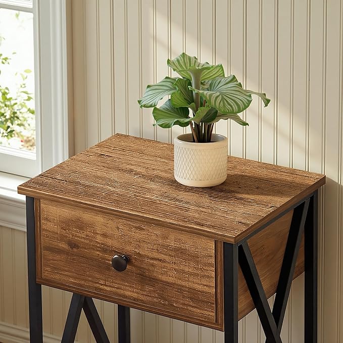 VECELO Night Stand Set of 2, End Tables with Drawer, 2-Tier Bedside Tables with X Shaped, Side Table Stand with Storage Shelf for Living Room/Bedroom,Rustic Brown