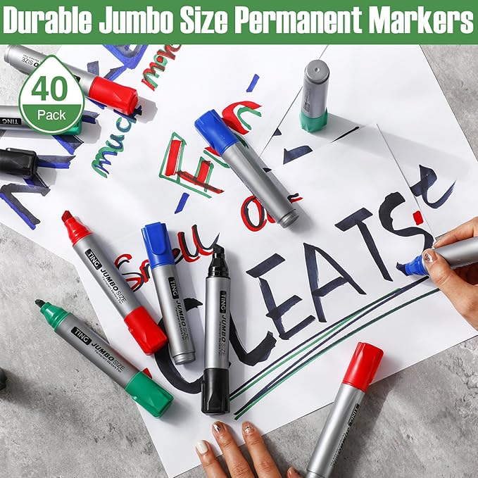 Cholemy 40 Pcs Jumbo Permanent Markers Bulk Large Chisel Tip Permanent Markers Quick Drying Pens for Office Supplies(Multicolor)