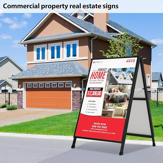 A Frame Sidewalk Sign 24 x 36 Inch Outdoor, Double-Sided Folding Sandwich Board with Handle, Heavy Duty Metal Slide-in A-Frame for Business, Advertising, Party, with 2 Plastic Boards