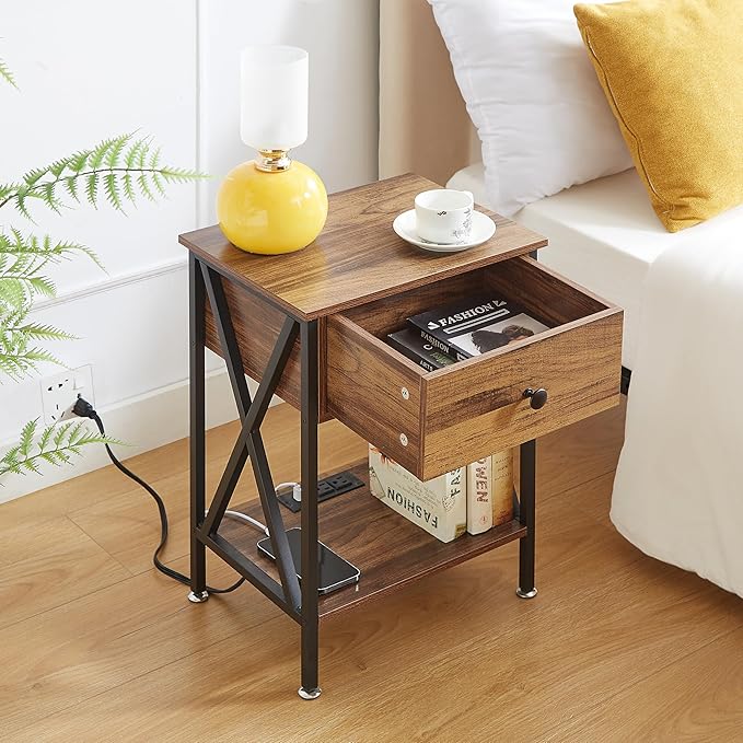 VECELO Nightstand, Bedside End Tables with Charging Station, USB Ports, Drawer Shelf, Night Stand for Bedroom Living Room 1-Pack, Brown
