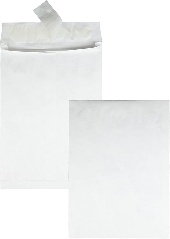 Quality Park Survivor Lightweight 14 lb Tyvek Open End 1.5" Expansion Mailers, 13 1/2, Square Flap, Redi-Strip Closure, 10 x 13, White, 25/Box