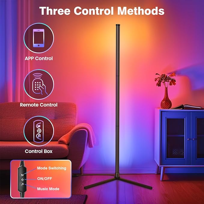 RIYO LED Corner Lamp, RGB Corner Floor Lamp with APP and Remote Control, 16 Million Colors & 68+ Scene Color Changing Ambience Light with Music Sync for Living Room, Bedroom, Gaming Room
