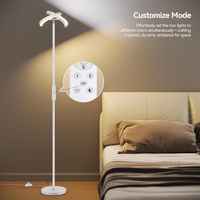 SUNMORY Floor Lamps for Living Room, 28W/1600LM Bright LED Floor Lamp with Remote & 2 Rotatable Lights, 74" Dimmable Tall Standing Lamp, Modern Reading Torchiere Corner Lamp for Bedroom Office, White