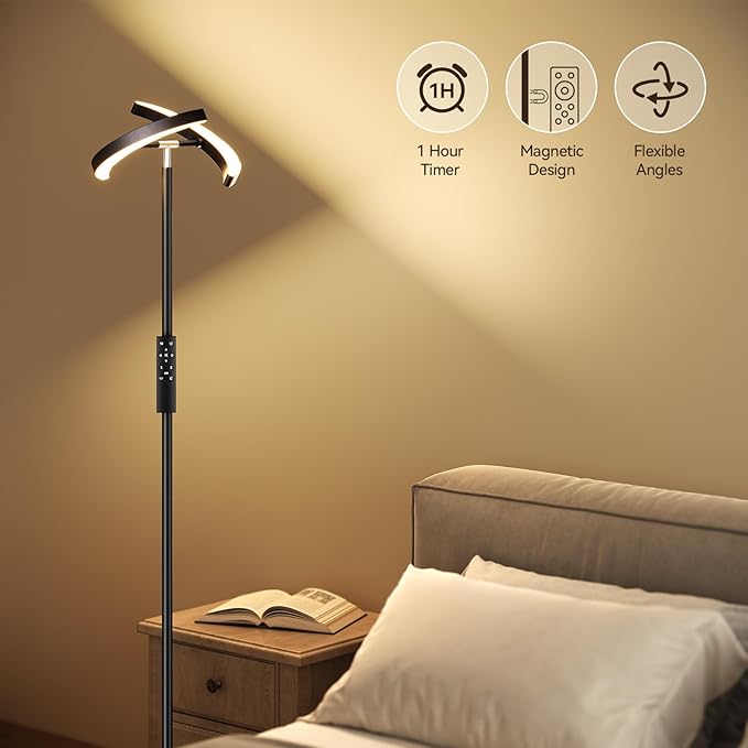 SUNMORY Floor Lamps for Living Room, 28W/1600LM Bright LED Floor Lamp with Remote & 2 Rotatable Lights, 74" Dimmable Tall Standing Lamp, Modern Reading Torchiere Corner Lamp for Bedroom Office, Black