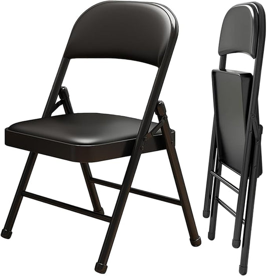 2 Pack Folding Chairs with Leather Padded Cushion and Back, Metal Black Foldable Chair for Indoor Outdoor, Commercial Stackable Guest Chairs for Office Events Wedding Party Kitchen Dining