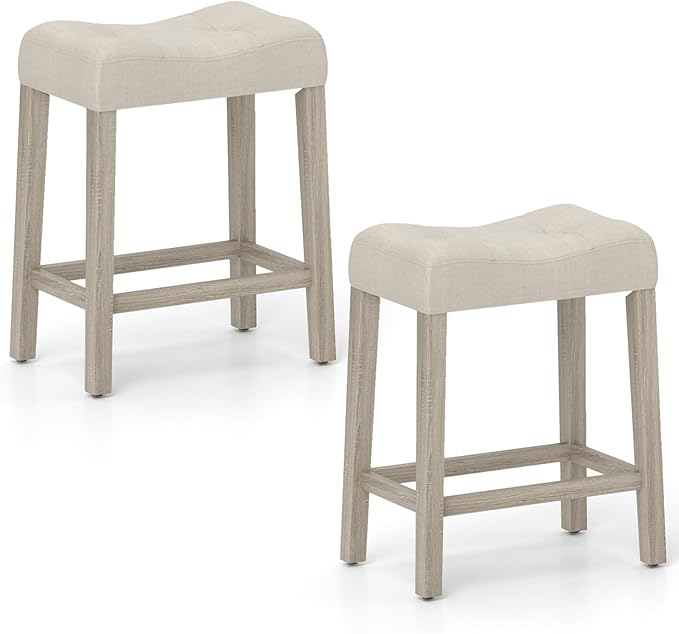 COSTWAY Wooden Saddle Stools Set of 2, 24-inch Counter Height Upholstered Backless Bar Stools with Solid Rubber Wood Legs, Padded Seat, Farmhouse Dining Chairs for Kitchen Island, Cafe, Beige