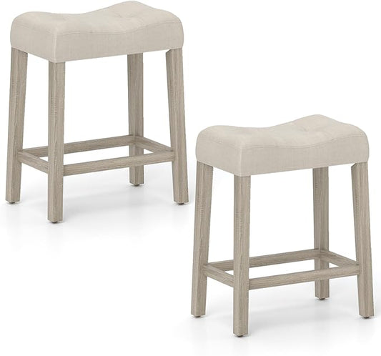 COSTWAY Wooden Saddle Stools Set of 2, 24-inch Counter Height Upholstered Backless Bar Stools with Solid Rubber Wood Legs, Padded Seat, Farmhouse Dining Chairs for Kitchen Island, Cafe, Beige
