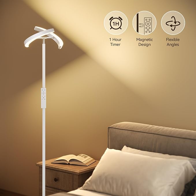 SUNMORY Floor Lamps for Living Room, 28W/1600LM Bright LED Floor Lamp with Remote & 2 Rotatable Lights, 74" Dimmable Tall Standing Lamp, Modern Reading Torchiere Corner Lamp for Bedroom Office, White