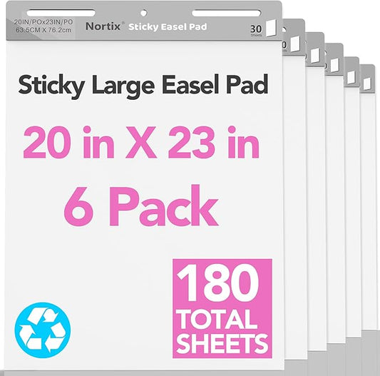 Nortix Sticky Easel Pads, Anchor Chart Paper, Chart Paper for Teachers, Super Adhesive & Bleed-Resistant, 20 x 23 inch, 30 Sheets/Pad, 6 Pads