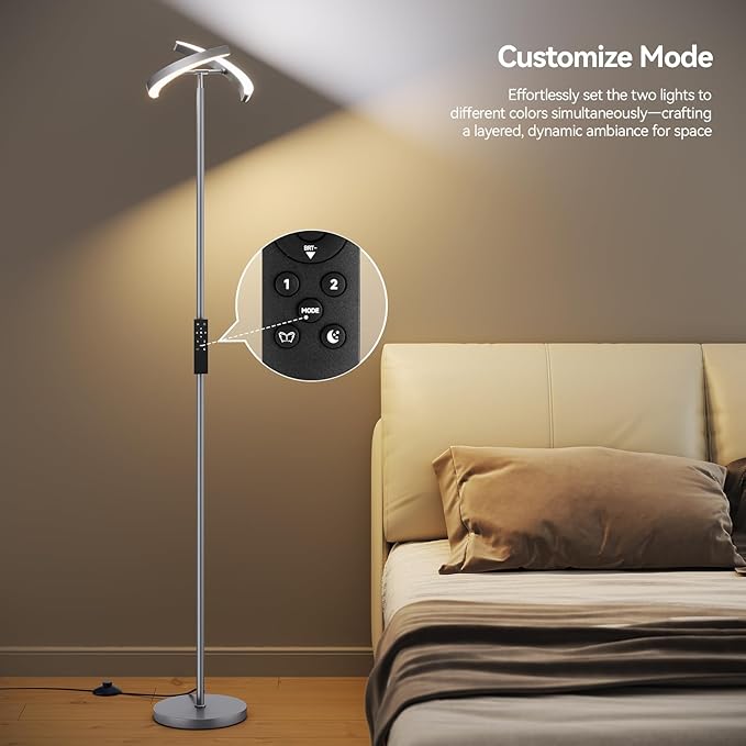 SUNMORY Floor Lamps for Living Room, 28W Bright LED Floor Lamp with 2 Rotatable Lights & Remote Control, 74" Tall Standing Lamp with Stepless Dimmable, Modern Reading Corner Lamp for Bedroom, Office