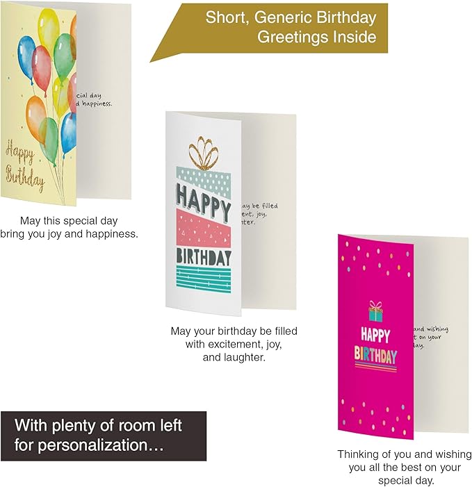 Dessie 30 Unique Happy Birthday Cards 5x7 - Gold Foil Birthday Cards Bulk With Message Inside. 32 White and Colored Envelopes, Perpetual Birthday Calendar and Gold Sealing Stickers Included In Box