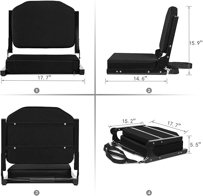 Stadium Seats for Bleachers, Bleacher Seats with Ultra Padded Comfy Foam Backs and Cushion, Wide Portable Stadium Chairs with Back Support and Shoulder Strap, 1 Pack, Black