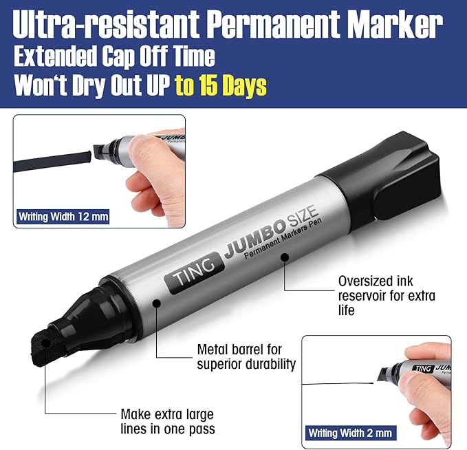 Cholemy 100 Pcs Jumbo Permanent Markers Bulk Large Permanent Chisel Tip Markers Waterproof Jumbo King Big Poster Large Paint Pens for Works on Wood Metal Stone