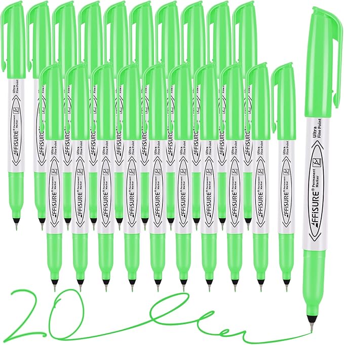 Green Ultra Fine Point Permanent Markers, 20 Pack, 0.4 mm, Precision Extra Fine Tip for Detailed Writing, Art, Crafts & Labeling on Paper, Plastic, Glass, Metal, Waterproof, Fade-Resistant Ink ﻿