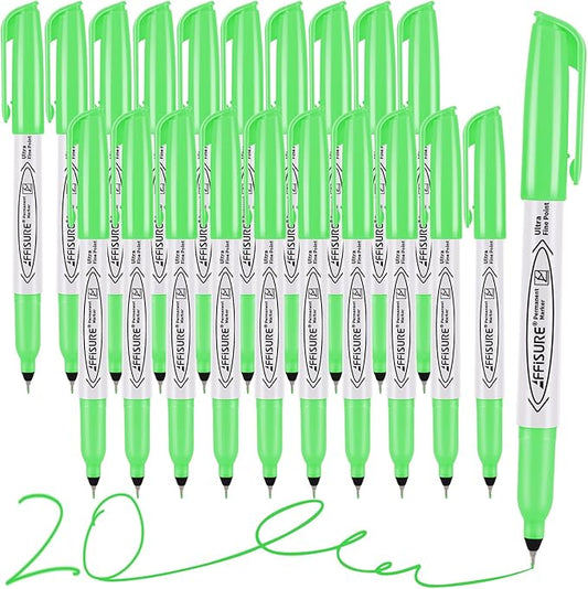 Green Ultra Fine Point Permanent Markers, 20 Pack, 0.4 mm, Precision Extra Fine Tip for Detailed Writing, Art, Crafts & Labeling on Paper, Plastic, Glass, Metal, Waterproof, Fade-Resistant Ink ﻿