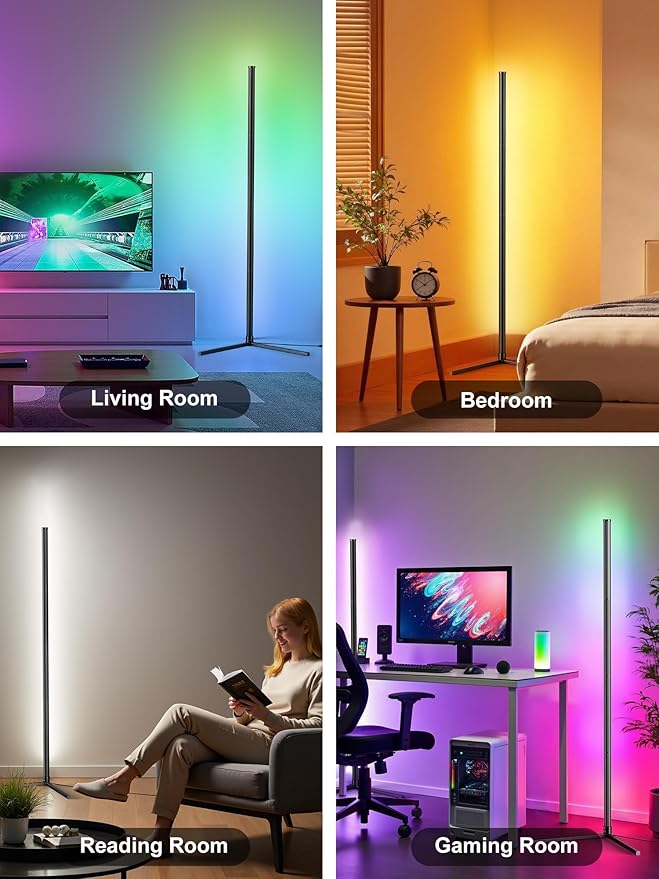 RIYO Corner Floor Lamp, Modern LED Corner Lamp with AC Adapter & APP & Remote Control, 16 Million Colors, 68+ Scene Modes, Music Sync, Ambient Lighting for Living Room, Bedroom, and Gaming Room