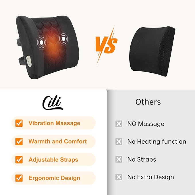 CILI Heated Lumbar Support Pillow for Office Chair, Vibration Back Support Pillow, Back Massager with Heat,Chair Massager, Backrest Pillow for Sofa Car Seat Recliner, Memory Foam, Gifts for Dad Men