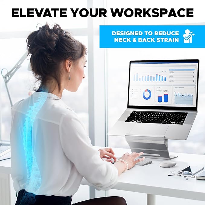 Elestoria Adjustable Laptop Stand - Fits 5 Devices, Modern Design, Tool Free Adjustment, Protective & Stable | Grey (Silver, Floating)