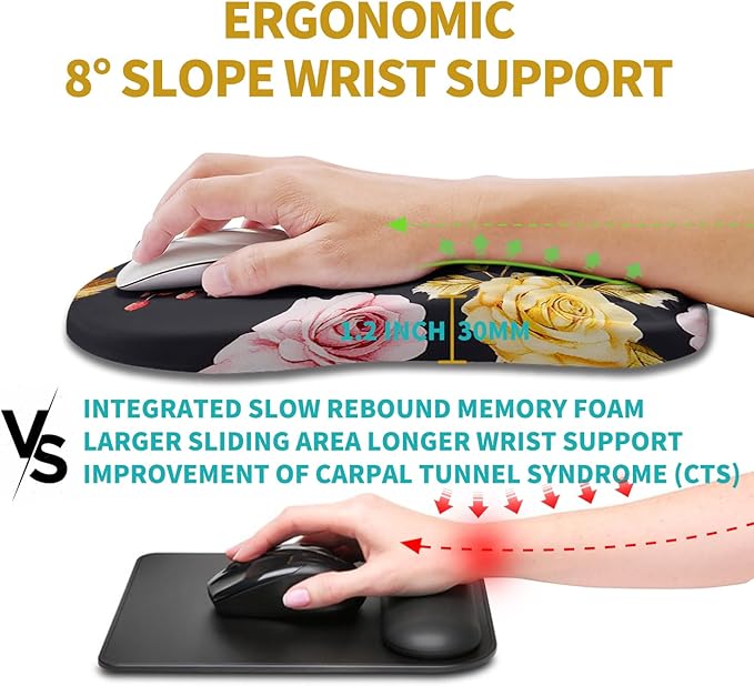 Hokafenle Ergonomic Mouse Pad Wrist Support, Wrist Rest Mousepad for Carpal Tunnel Pain Relief with Integrated Memory Foam Slope Massage Bulge (11.8x7.9 inch,Golden Powder Flower