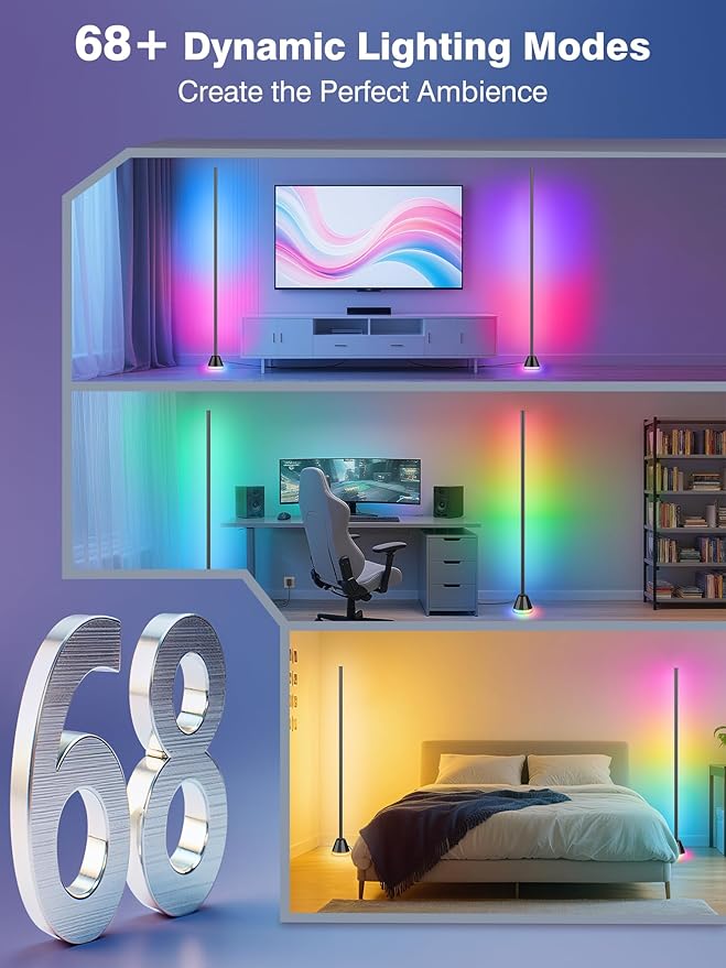 RIYO Corner Floor Lamp, LED Corner Lamp with AC Adapter & APP & Remote Control, Modern RGB Floor Lamp with 16 Million Colors, 68+ Scene Modes, Music Sync, Ambient Lighting for Living Room, Bedroom