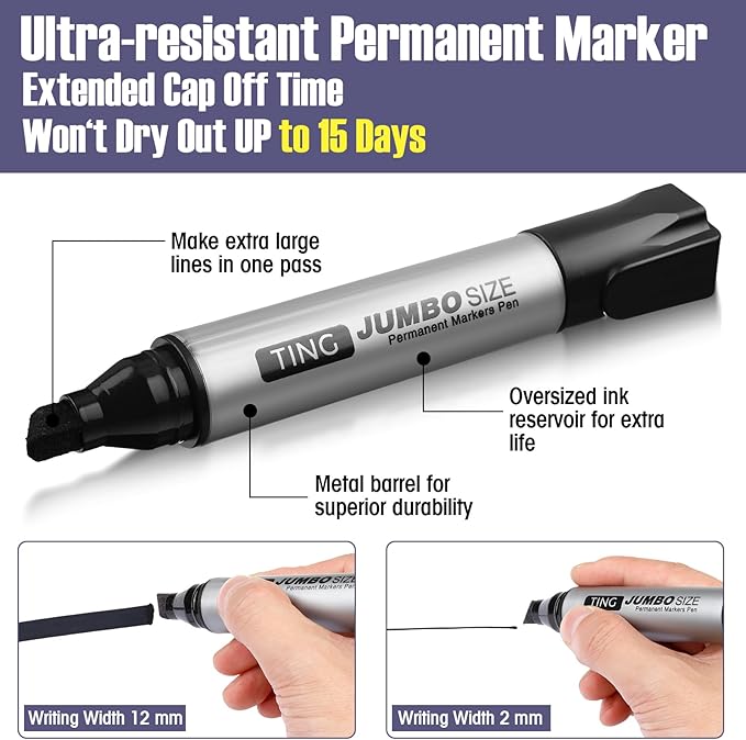 Cholemy 60 Pcs Jumbo Permanent Markers Bulk Large Permanent Chisel Tip Markers Waterproof Jumbo King Big Poster Large Paint Pens for Works on Wood Metal Stone