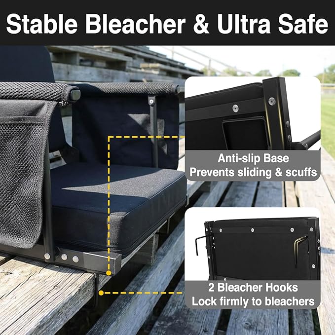 Extra Wide Stadium Seats for Bleachers with Back Support - Padded Foldable Lightweight Durable Stadium Chair for Sports Parents Watching Kids & Fans at Any Game - Relieves Back Pain on Hard Benches
