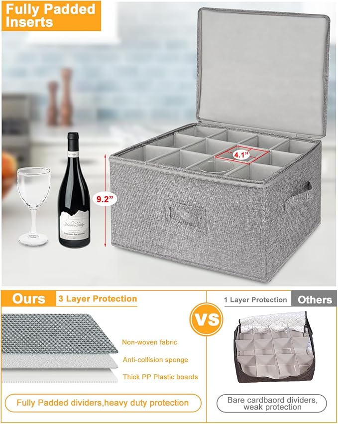 punemi Wine Glass Storage Box, Glassware Storage Containers w/Hard Shell Side Bottom Support & Padded Dividers, Stackable Stemware Storage Case for 24 China Crystal Glasses Drinkware, Moving Supplies