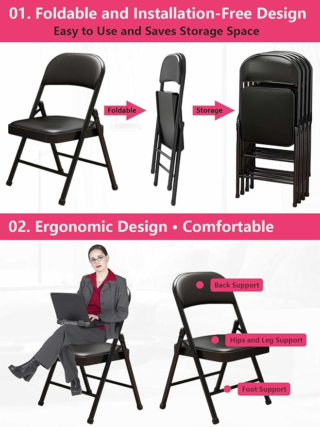 2 Pack Folding Chairs with Leather Padded Cushion and Back, Metal Black Foldable Chair for Indoor Outdoor, Commercial Stackable Guest Chairs for Office Events Wedding Party Kitchen Dining
