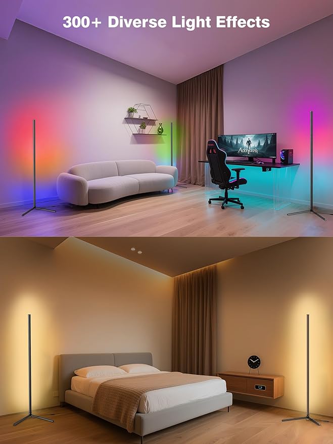 RIYO Corner Floor Lamp, Modern LED Corner Lamp with AC Adapter & APP & Remote Control, 16 Million Colors, 68+ Scene Modes, Music Sync, Ambient Lighting for Living Room, Bedroom, and Gaming Room