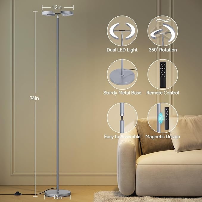 SUNMORY Floor Lamps for Living Room, 28W Bright LED Floor Lamp with 2 Rotatable Lights & Remote Control, 74" Tall Standing Lamp with Stepless Dimmable, Modern Reading Corner Lamp for Bedroom, Office