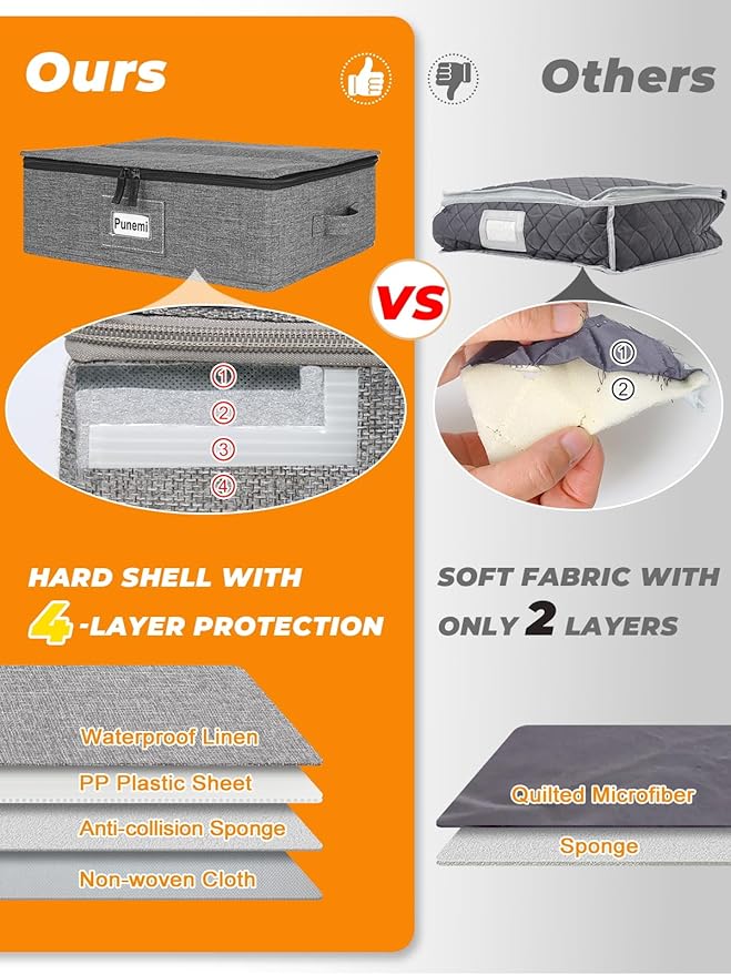 punemi Mug Storage Organizer w/Hard Shell Sides & Bottom, Padded Dividers, 2-Pack Stackable Coffee Mug Storage Boxes for Tea Cups, China Storage Containers for Packing & Moving