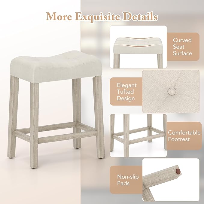 COSTWAY Wooden Saddle Stools Set of 2, 24-inch Counter Height Upholstered Backless Bar Stools with Solid Rubber Wood Legs, Padded Seat, Farmhouse Dining Chairs for Kitchen Island, Cafe, Beige