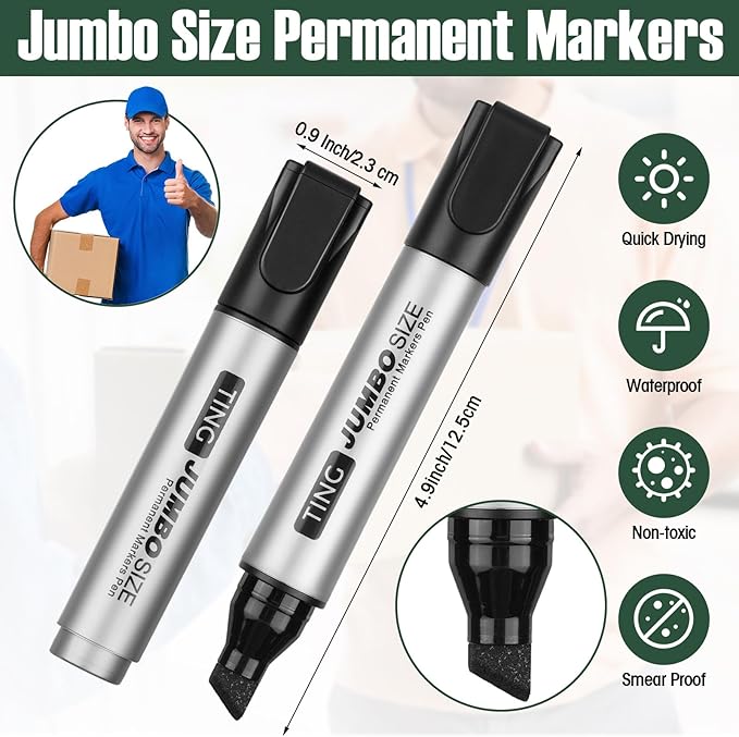 Cholemy 40 Pcs Jumbo Permanent Markers Bulk Large Chisel Tip Permanent Markers Quick Drying Pens for Office Supplies(Black)
