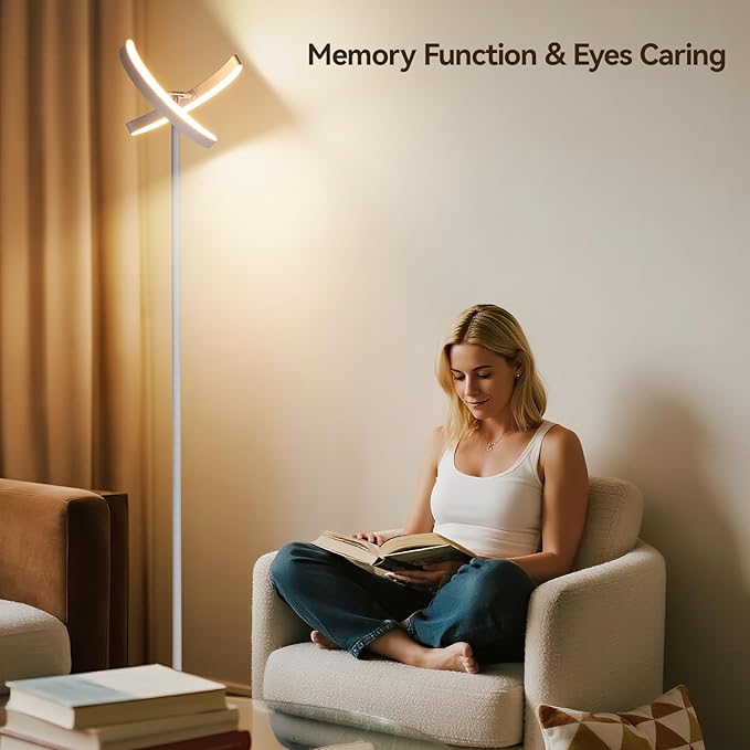 SUNMORY Floor Lamps for Living Room, 28W/1600LM Bright LED Floor Lamp with Remote & 2 Rotatable Lights, 74" Dimmable Tall Standing Lamp, Modern Reading Torchiere Corner Lamp for Bedroom Office, White