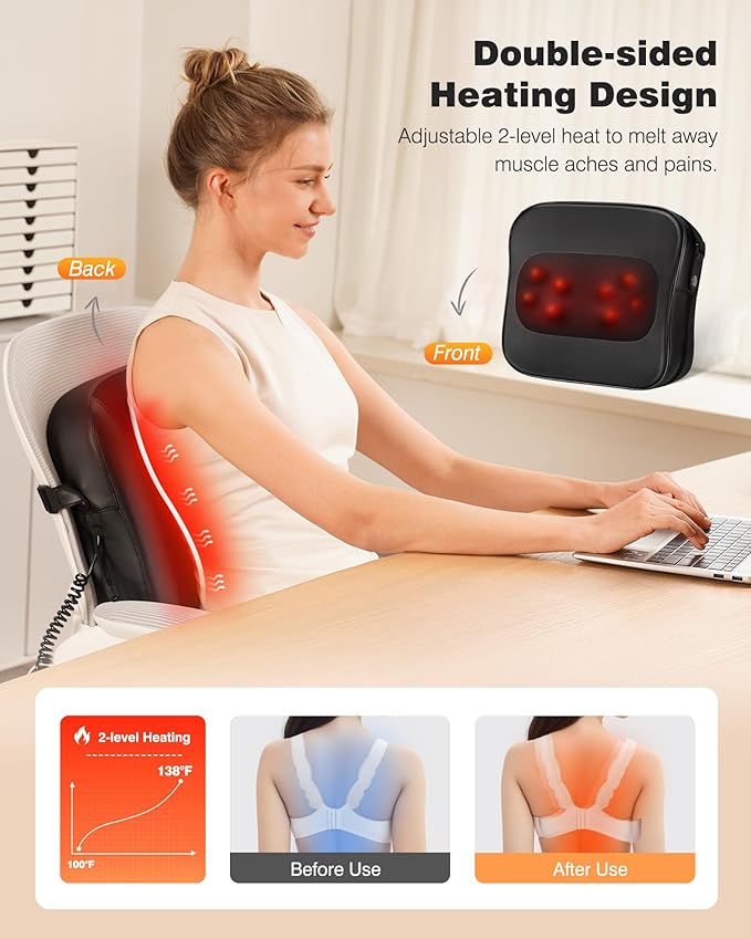 Back Massager with Heat-Shiatsu Massagers for Neck and Shoulder Pain-3D Kneading Massage for Lower Back/Neck/Leg Pain Relief-Lumbar Support Pillow for Office Chair-Chirstmas Gifts for Mom Dad