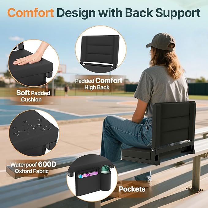 HOPERAN Stadium Seats with Back Support - Bleacher Chair with Back and Cushion, Padded Bleacher Seat Includes Shoulder Strap, Lightweight Portable Stadium Chair for Sports Events-1pc