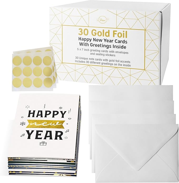 Dessie Boxed Happy New Year Cards - 30 Luxurious Large 5x7 inch Greeting Cards in Vibrant Colors with Gold Foil Accents, Short Greetings Inside. Includes 32 White Envelopes and Sturdy Storage Box