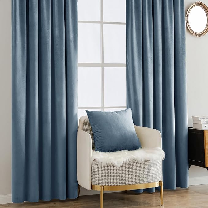 MIULEE Velvet Curtains 90 inches - Luxury Blackout Curtains for Bedroom Living Room Thermal Insulated Super Soft Window Drapes Rod Pocket & Back Tab, Stone Blue, W52 x L90 inches, 2 Panels