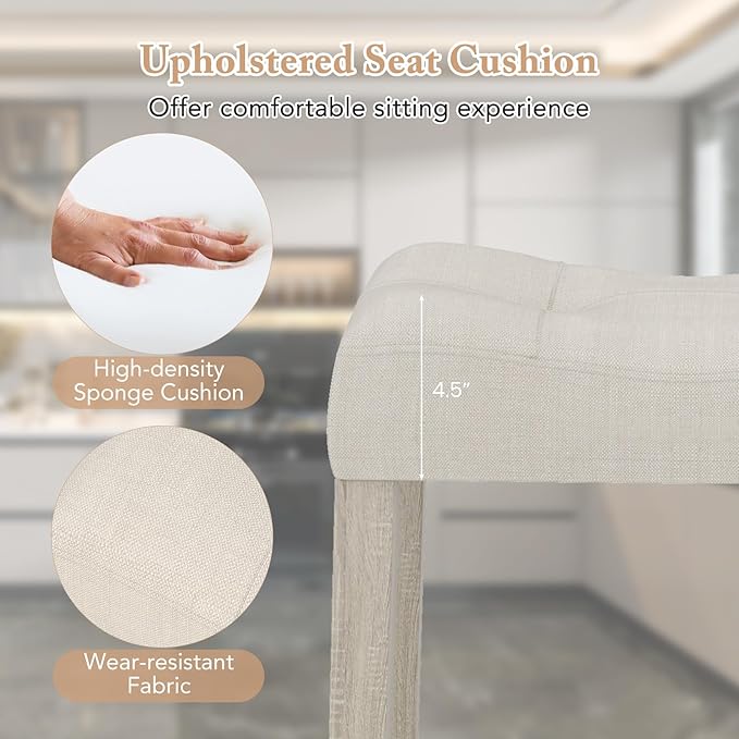 COSTWAY Wooden Saddle Stools Set of 2, 24-inch Counter Height Upholstered Backless Bar Stools with Solid Rubber Wood Legs, Padded Seat, Farmhouse Dining Chairs for Kitchen Island, Cafe, Beige