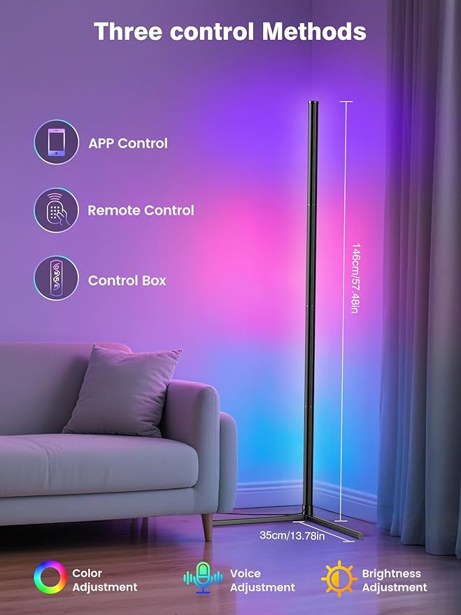 RIYO Corner Floor Lamp, Modern LED Corner Lamp with AC Adapter & APP & Remote Control, 16 Million Colors, 68+ Scene Modes, Music Sync, Ambient Lighting for Living Room, Bedroom, and Gaming Room