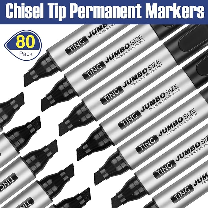 Cholemy 80 Pcs Jumbo Permanent Markers Bulk Large Permanent Chisel Tip Markers Waterproof Jumbo King Big Poster Large Paint Pens for Works on Wood Metal Stone