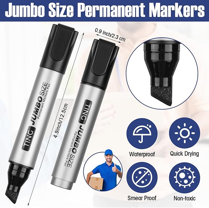 Cholemy 80 Pcs Jumbo Permanent Markers Bulk Large Permanent Chisel Tip Markers Waterproof Jumbo King Big Poster Large Paint Pens for Works on Wood Metal Stone