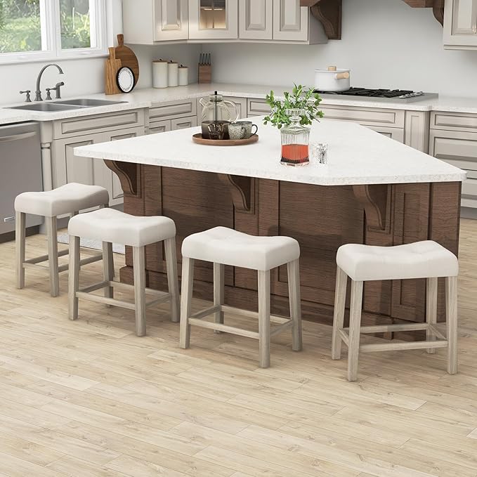 COSTWAY Wooden Saddle Stools Set of 2, 24-inch Counter Height Upholstered Backless Bar Stools with Solid Rubber Wood Legs, Padded Seat, Farmhouse Dining Chairs for Kitchen Island, Cafe, Beige