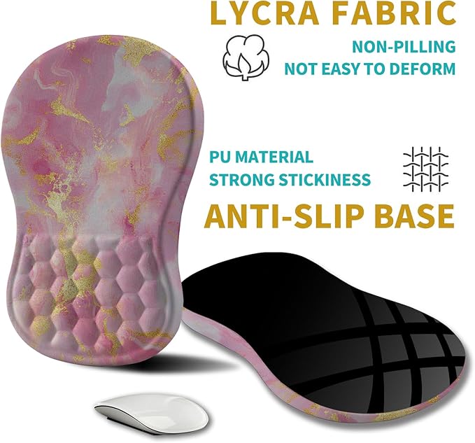 Hokafenle Ergonomic Mouse Pad Wrist Support, Wrist Rest Mousepad for Carpal Tunnel Pain Relief with Integrated Memory Foam Slope Massage Bulge (11.8x7.9 inch,Pink Gold Marble