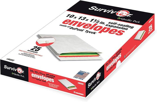 Quality Park Survivor Lightweight 14 lb Tyvek Open End 1.5" Expansion Mailers, 13 1/2, Square Flap, Redi-Strip Closure, 10 x 13, White, 25/Box