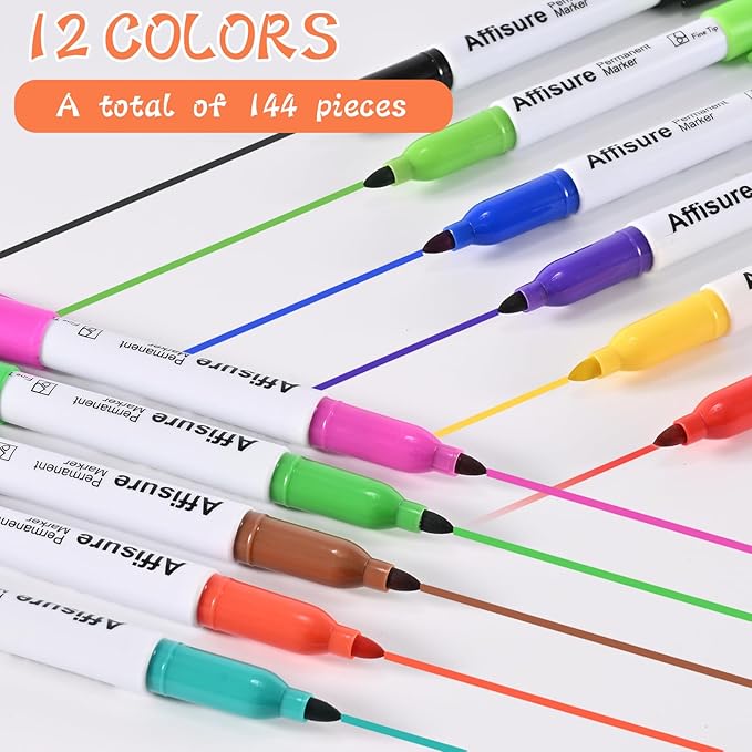 12 Colors Permanent Markers， 144 Pack colored marker sets, Assorted Colors Marker，Fine Point， Permanent Markers Bulk, Fast Dry, Waterproof, work on Plastic, Glass, Metal, Wood and Stone
